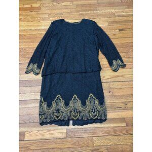 Vintage Brilliante By J.A. Womens Dress Sz XL Black Gold Beaded Sequined Silk